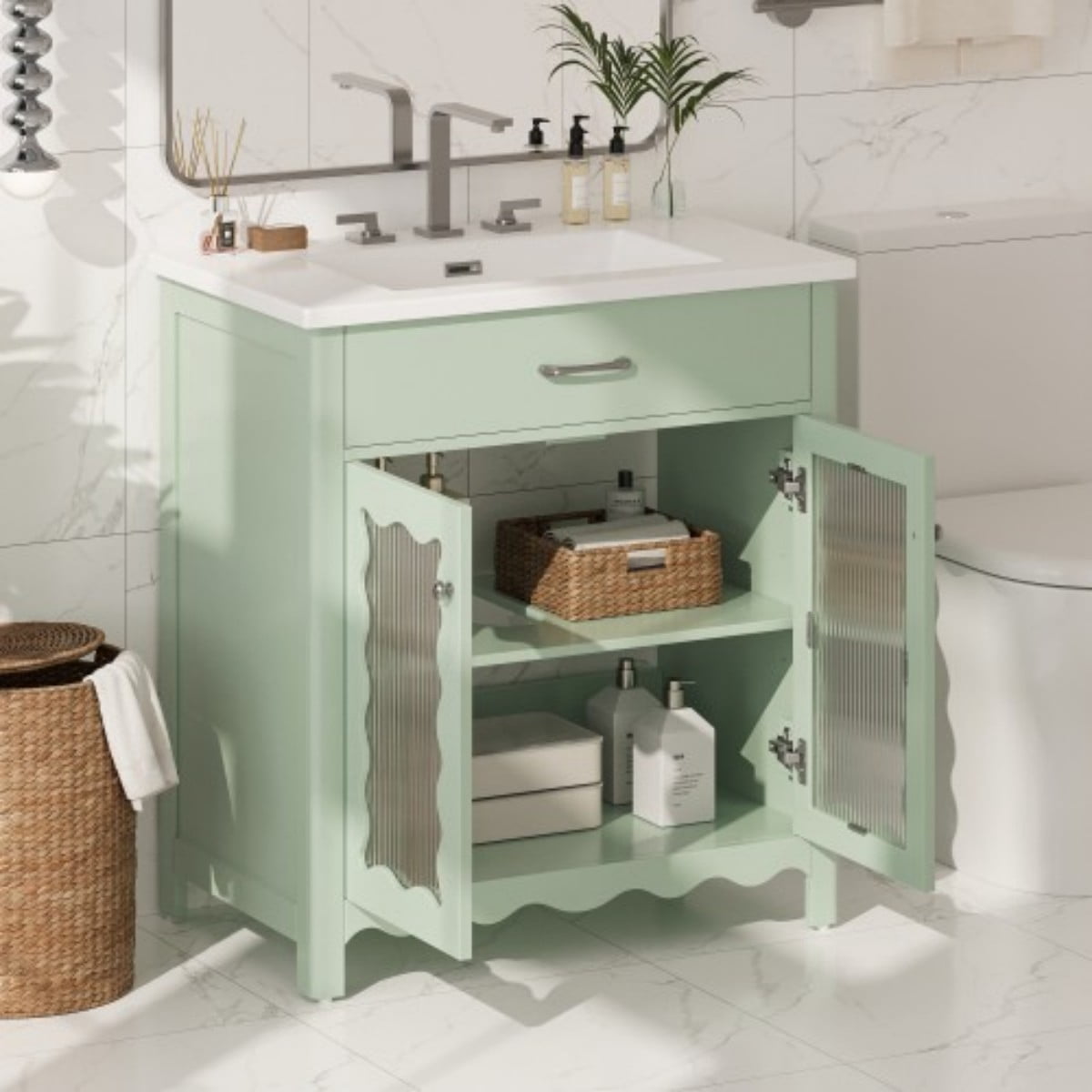 31" Bathroom Vanity with Ceramic Sink, Modern Freestanding Bathroom Cabinet with Tempered Glass Doors, Soft Close Hinges, Rubber Wood Legs, Green