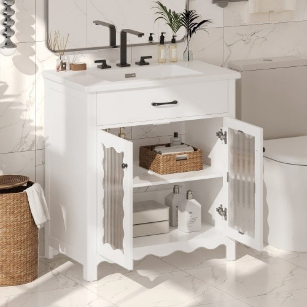 31" Bathroom Vanity with Ceramic Sink, Modern Freestanding Bathroom Cabinet with Tempered Glass Doors, Soft Close Hinges, Rubber Wood Legs, White