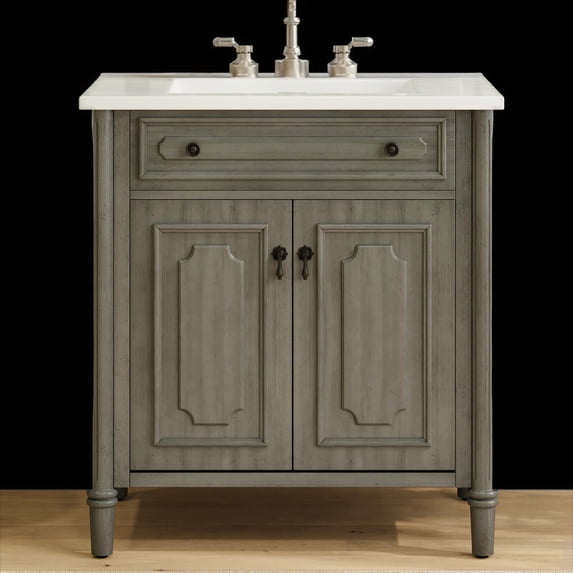 31" Bathroom Vanity with Ceramic Sink, Vintage Bathroom Cabinet with Adjustable Shelf, 2 Doors & Rubber Wood Legs, Antique Gray