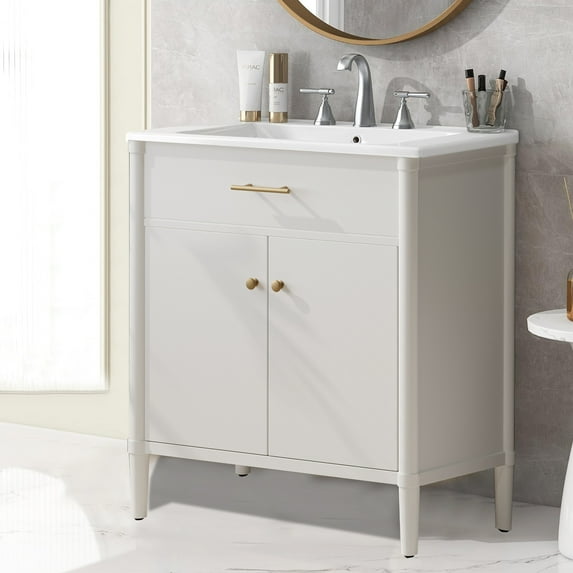 31" Bathroom Vanity with Sink, Bathroom Cabinet with Soft Close Doors and Adjustable Shelf, Curved Profile Design, Rubber Wood Legs, (White,03 )
