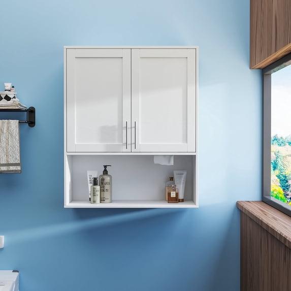 31" Bathroom Wall Cabinet, Modern Over The Toilet Storage with 2 Doors and Facial Tissues Slot, Wood Hanging Medicine Cabinet for Living Room, Hallway
