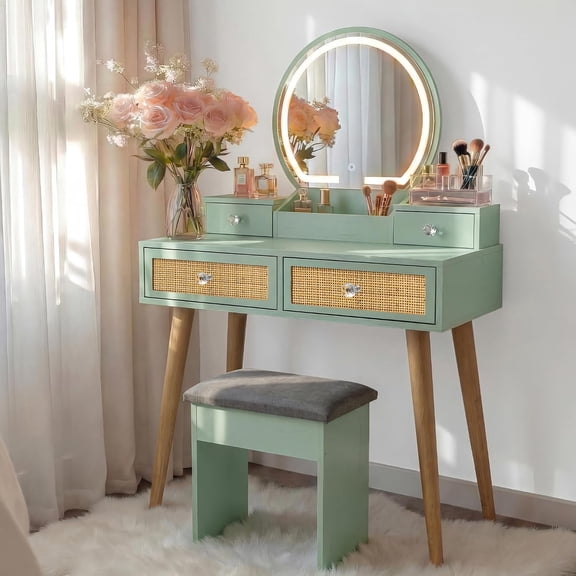 31" Boho Natural Rattan Vanity Desk Set with 3 Modes Adjustable Lighted Mirror and Cushioned Stool, Modern Compact Design Makeup Table for Bedroom, Cute Dressing Table for Small Space, Mint