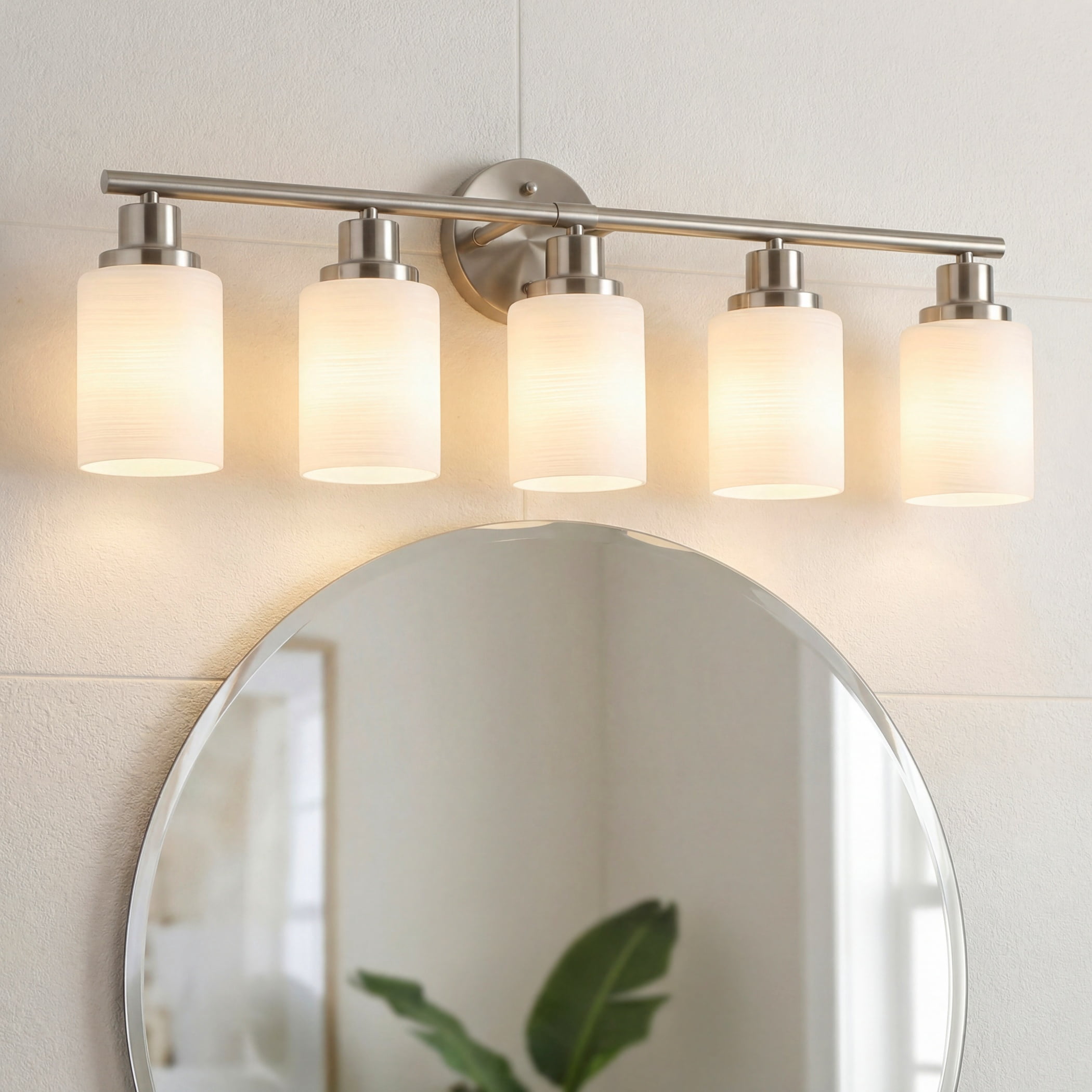 31" Brushed Nickel 5-Light Vanity Light Fixture with Frosted Glass Shades – Modern Wall Mount Bathroom Lighting for Over Mirror, Hallway, Powder Room, or Dressing Area (Bulbs Not Included)