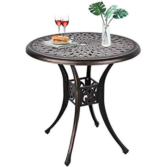 31" Cast Aluminum  Bistro Round Dining Table with Umbrella Hole Conversation Outdoor Table for Garden Pool Side Deck$$Garden &