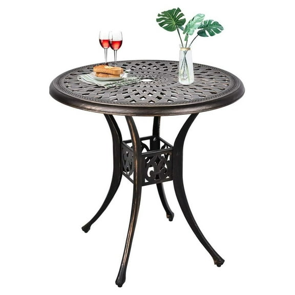 31" Cast Aluminum Patio Bistro Round Dining Table with Umbrella Hole Conversation Outdoor Table for Garden Pool Side Deck