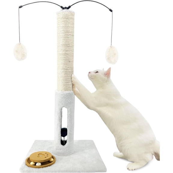 31" Cat Scratching Post Kitten Toys for Indoor Cats Interactive Scratcher with Tracking Ball, Sisal Scratch Rope for Large Cats,Sturdy Base Cat Scratch Post, (Beige, 31" H)