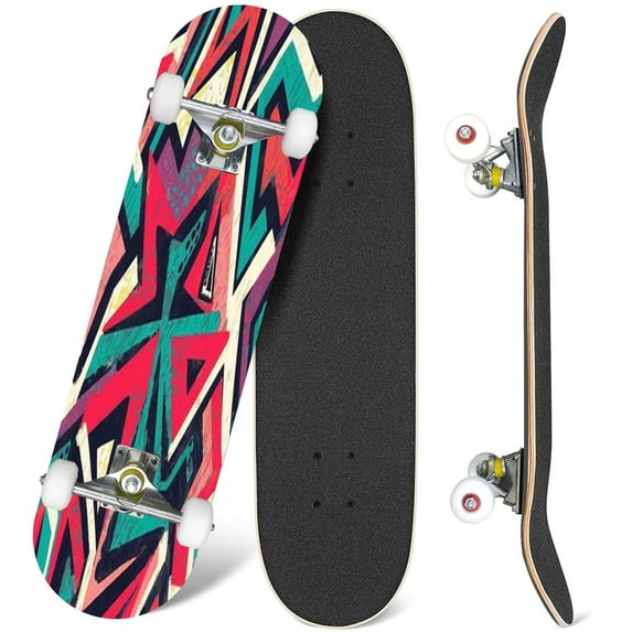31'' Complete Skateboard 7 Layer Canadian Maple Beginner Skateboard Colorful Abstract Geometric Skate Board for Adult