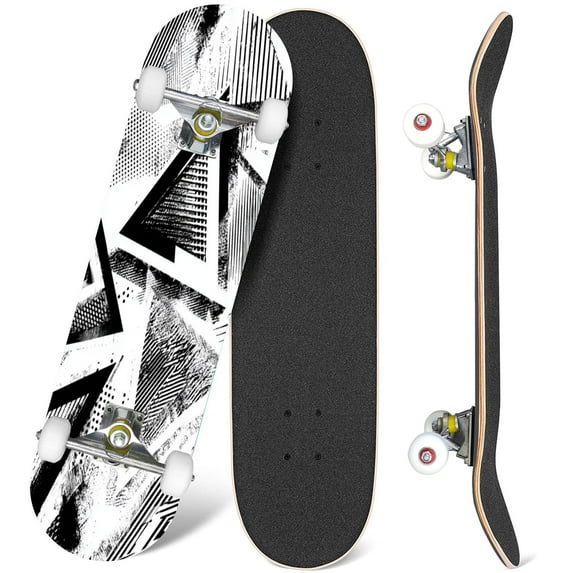 31'' Complete Skateboard 7 Layer Canadian Maple Double Kick Deck Skateboards Abstract chaotic geometric elements scuffed drops sprays Skate Board for Beginner Adult Gifts