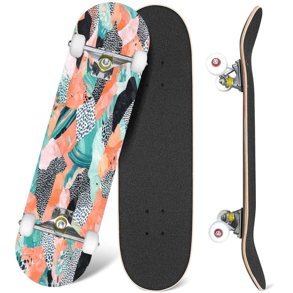 31'' Complete Skateboard 7 Layer Canadian Maple Double Kick Deck Skateboards Abstract paper collage retro 80s fashion patterns turquoise Skate Board for Beginner Adult Gifts