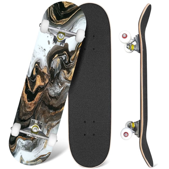 31'' Complete Skateboard 7 Layer Canadian Maple Double Kick Deck Skateboards Abstract texture Modern artwork Marble effect painting Mixed black Skate Board for Beginner Adult Gifts