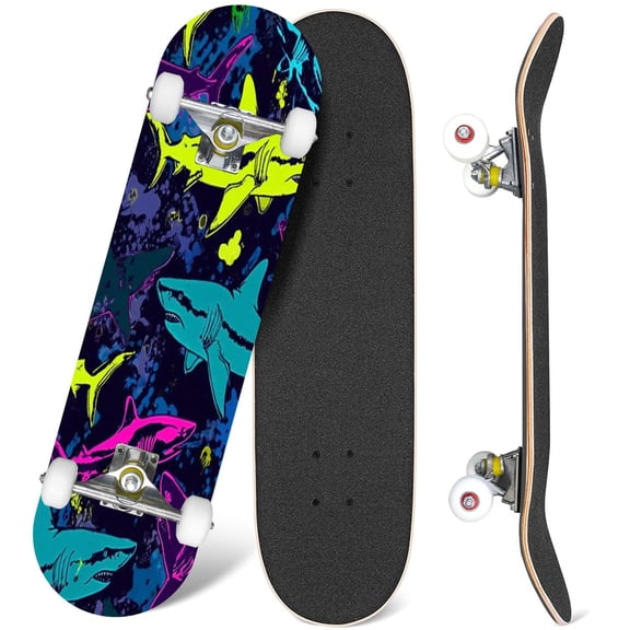 31'' Complete Skateboard 7 Layer Canadian Maple Double Kick Deck Skateboards Abstract underwater for girls boys clothes Creative sharks Skate Board for Beginner Adult Gifts