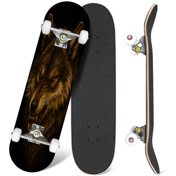 31'' Complete Skateboard 7 Layer Canadian Maple Double Kick Deck Skateboards Angry Graphic color portrait wolfs head black Skate Board for Beginner Adult Gifts