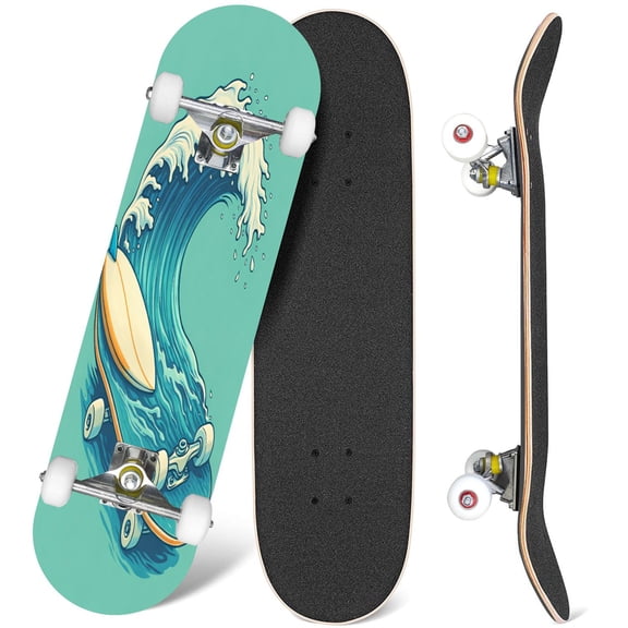 31'' Complete Skateboard 7 Layer Canadian Maple Double Kick Deck Skateboards Animation Character Text Wave Green Blue Skateboard Cartoonish Bold Skate Board for Beginner Adult Gifts