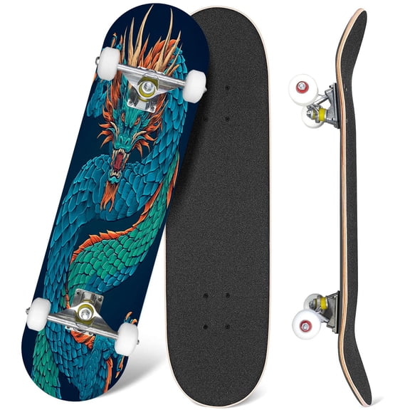 31'' Complete Skateboard 7 Layer Canadian Maple Double Kick Deck Skateboards Asian dragon design Skate Board for Beginner Adult Gifts