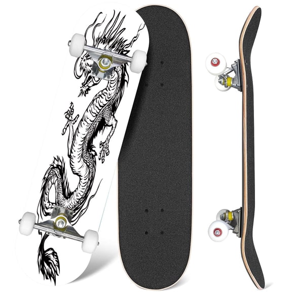 31'' Complete Skateboard 7 Layer Canadian Maple Double Kick Deck Skateboards Asian dragon white Skate Board for Beginner Adult Gifts