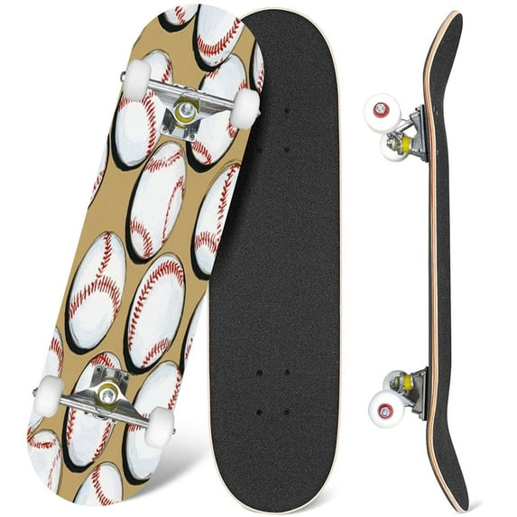 31'' Complete Skateboard 7 Layer Canadian Maple Double Kick Deck Skateboards Baseballs Design for baseball theme Suitable for fabrics Skate Board for Beginner Adult Gifts