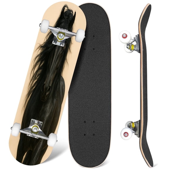 31'' Complete Skateboard 7 Layer Canadian Maple Double Kick Deck Skateboards Black Andalusian Horse long mane Skate Board for Beginner Adult Gifts