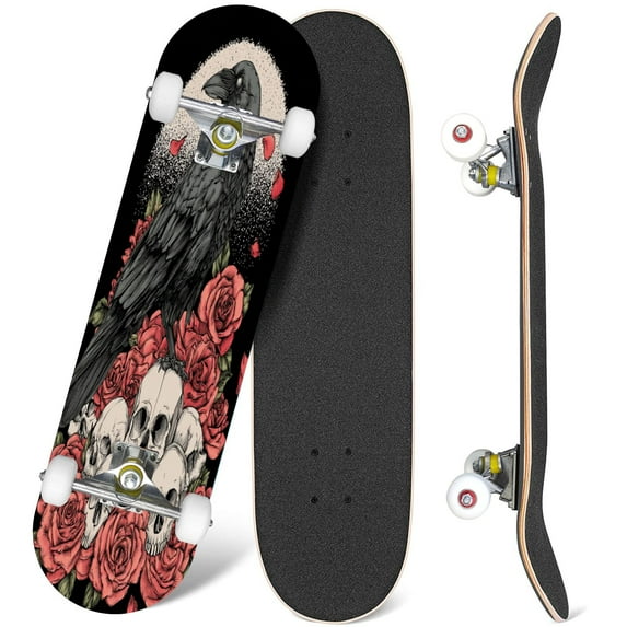 31'' Complete Skateboard 7 Layer Canadian Maple Double Kick Deck Skateboards Black raven sits skulls Skull raven roses hand drawn Tattoo vintage Skate Board for Beginner Adult Gifts