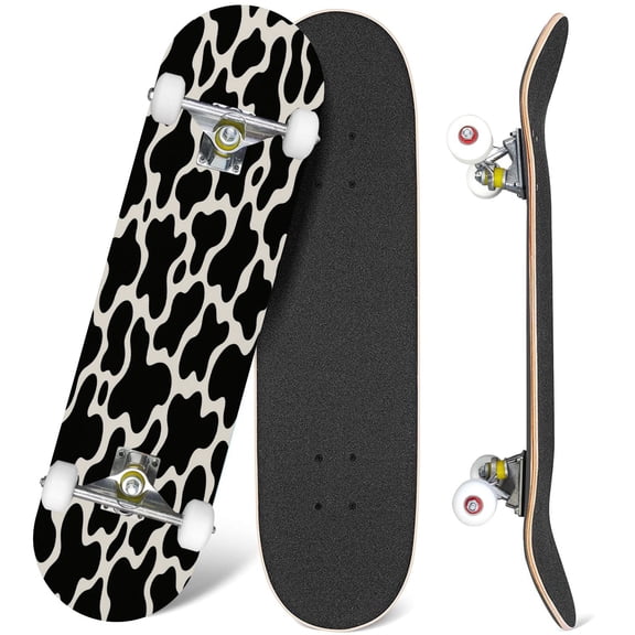 31'' Complete Skateboard 7 Layer Canadian Maple Double Kick Deck Skateboards Black white spotted texture animal skin cow Skate Board for Beginner Adult Gifts