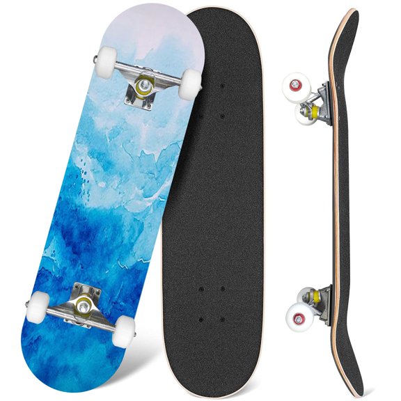 31'' Complete Skateboard 7 Layer Canadian Maple Double Kick Deck Skateboards Blue watercolor Skate Board for Beginner Adult Gifts