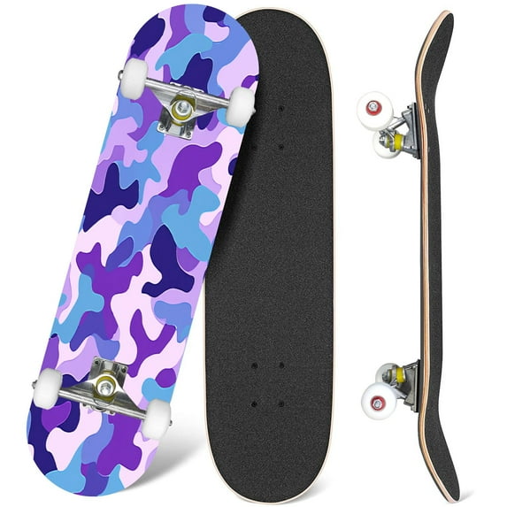 31'' Complete Skateboard 7 Layer Canadian Maple Double Kick Deck Skateboards Camouflage violet blue pink colors Skate Board for Beginner Adult Gifts