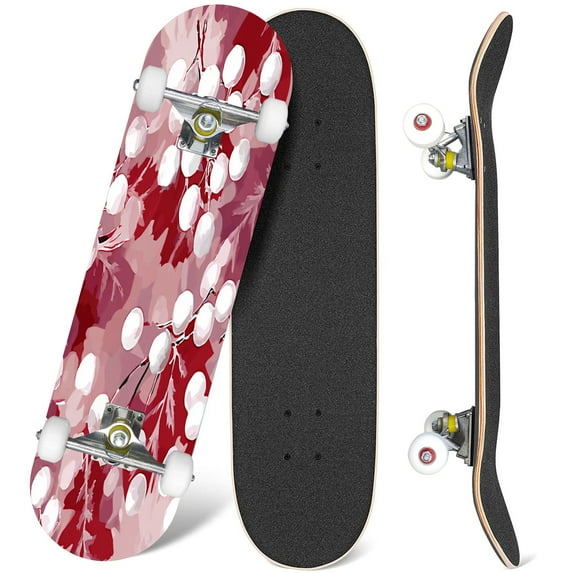 31'' Complete Skateboard 7 Layer Canadian Maple Double Kick Deck Skateboards Colorful abstract flower red Skate Board for Beginner Adult Gifts