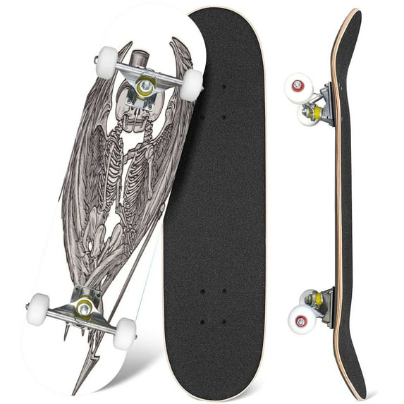 31'' Complete Skateboard 7 Layer Canadian Maple Double Kick Deck Skateboards Couple fantasy devil angel Skulls Hand drawing paper Skate Board for Beginner Adult Gifts