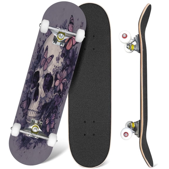 31'' Complete Skateboard 7 Layer Canadian Maple Double Kick Deck Skateboards Creative skull butterflies Skate Board for Beginner Adult Gifts