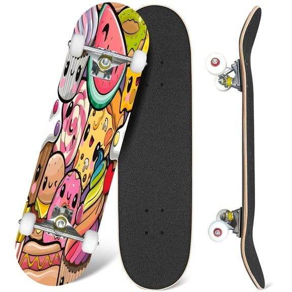 31'' Complete Skateboard 7 Layer Canadian Maple Double Kick Deck Skateboards Cute Cartoon Seamless Pattern fast food Skate Board for Beginner Adult