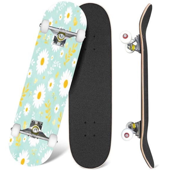 31'' Complete Skateboard 7 Layer Canadian Maple Double Kick Deck Skateboards Daisy White hand drawn daisies leaves blue Field flowers Skate Board for Beginner Adult Gifts