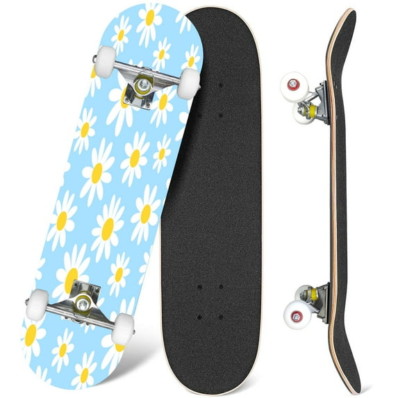 31'' Complete Skateboard 7 Layer Canadian Maple Double Kick Deck Skateboards Daisy flower blue Pretty floral for print Flat Skate Board for Beginner Adult Gifts