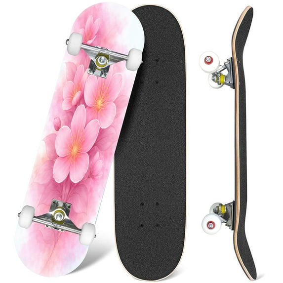 31'' Complete Skateboard 7 Layer Canadian Maple Double Kick Deck Skateboards Decorative floral cherry flowers watercolor Skate Board for Beginner Adult Gifts