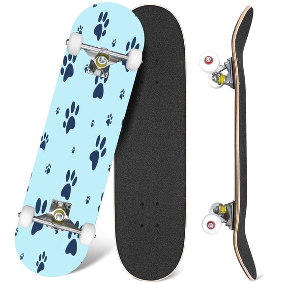 31'' Complete Skateboard 7 Layer Canadian Maple Double Kick Deck Skateboards Dog paw print Traces Cat Textile Skate Board for Beginner Adult Gifts