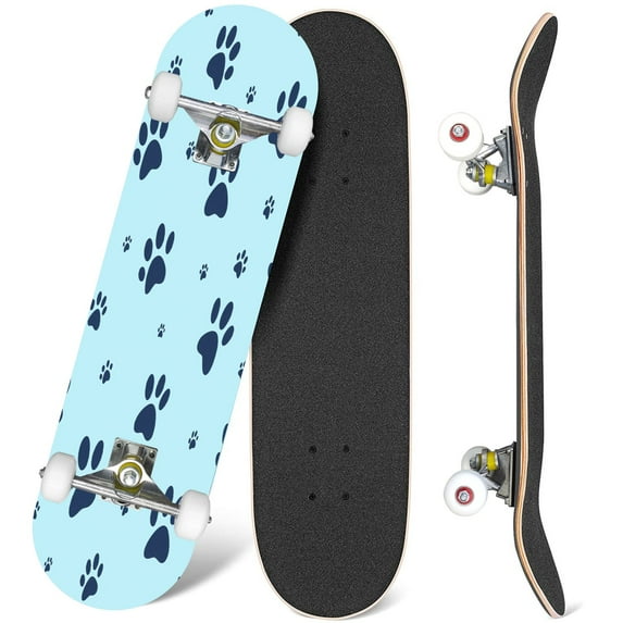 31'' Complete Skateboard 7 Layer Canadian Maple Double Kick Deck Skateboards Dog paw print Traces Cat Textile Skate Board for Beginner Adult Gifts