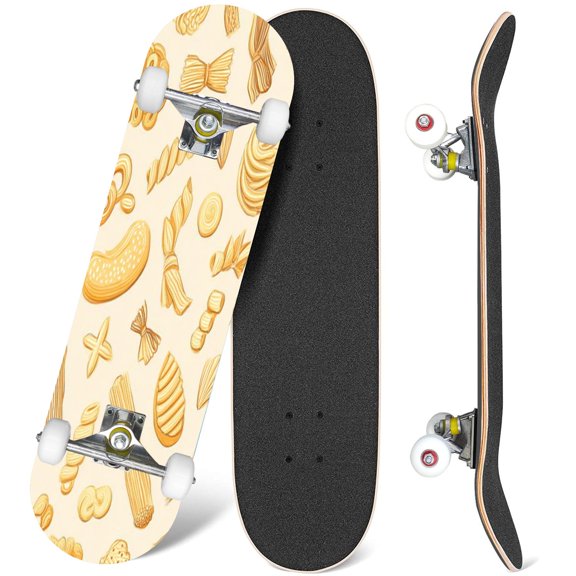 31'' Complete Skateboard 7 Layer Canadian Maple Double Kick Deck Skateboards Doodle Various Pasta Types Skate Board for Beginner Adult Gifts