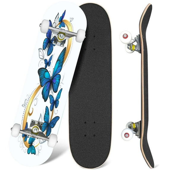 31'' Complete Skateboard 7 Layer Canadian Maple Double Kick Deck Skateboards Figure eight gold decorated realistic blue butterflies morpho white Skate Board for Beginner Adult Gifts