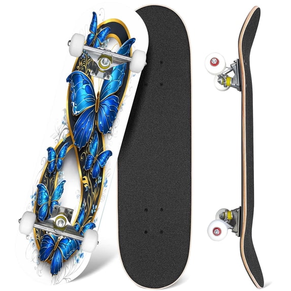 31'' Complete Skateboard 7 Layer Canadian Maple Double Kick Deck Skateboards Figure eight gold decorated realistic blue butterflies morpho white Skate Board for Beginner Adult Gifts