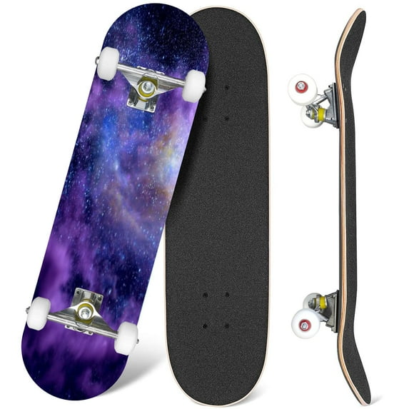 31'' Complete Skateboard 7 Layer Canadian Maple Double Kick Deck Skateboards Galaxy space Skate Board for Beginner Adult Gifts