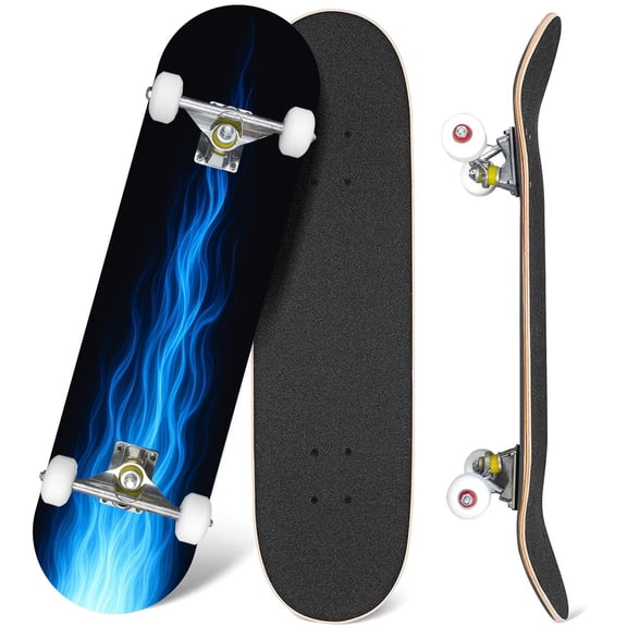 31'' Complete Skateboard 7 Layer Canadian Maple Double Kick Deck Skateboards Gas fire flame Skate Board for Beginner Adult Gifts