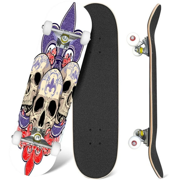 31'' Complete Skateboard 7 Layer Canadian Maple Double Kick Deck Skateboards Gothic coat arms skull grunge vintage t shirts Skate Board for Beginner Adult Gifts