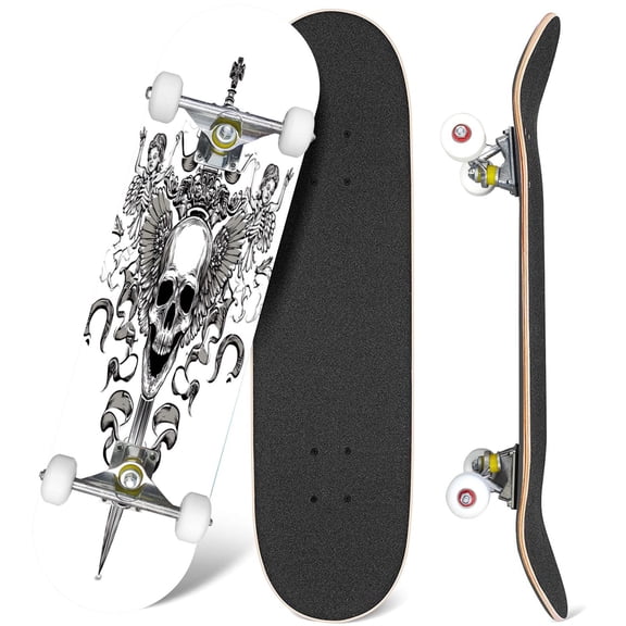 31'' Complete Skateboard 7 Layer Canadian Maple Double Kick Deck Skateboards Gothic coat arms skull sword grunge vintage design t shirts Skate Board for Beginner Adult Gifts