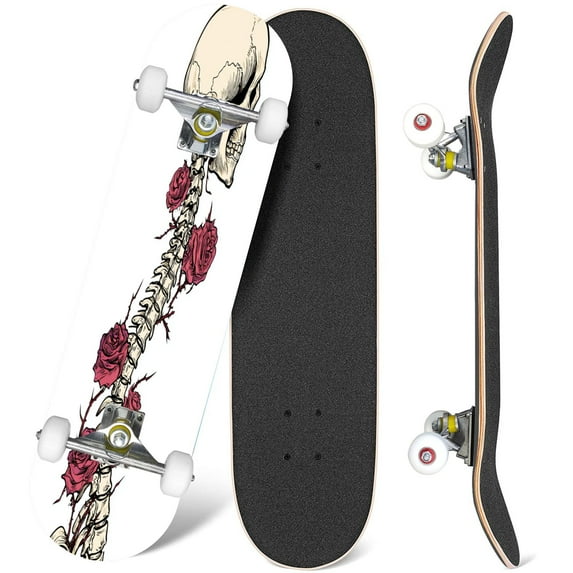 31'' Complete Skateboard 7 Layer Canadian Maple Double Kick Deck Skateboards Gothic sign skull roses grunge vintage t shirts Skate Board for Beginner Adult Gifts