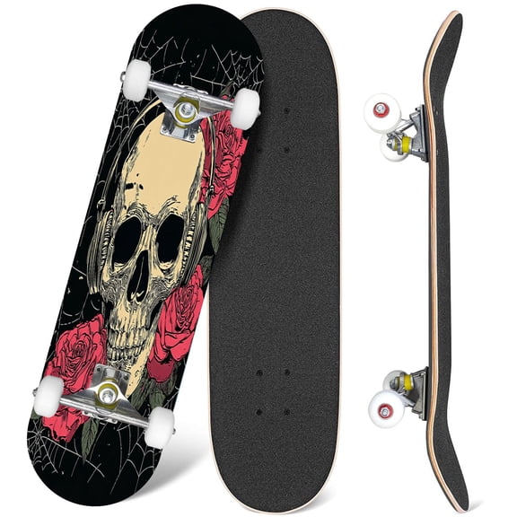 31'' Complete Skateboard 7 Layer Canadian Maple Double Kick Deck Skateboards Graphic skull rose for Skate Board for Beginner Adult Gifts