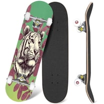 31'' Complete Skateboard 7 Layer Canadian Maple Double Kick Deck Skateboards Green Tiger Tropical Leaves Colourful Skate Board for Beginner Adult Gifts