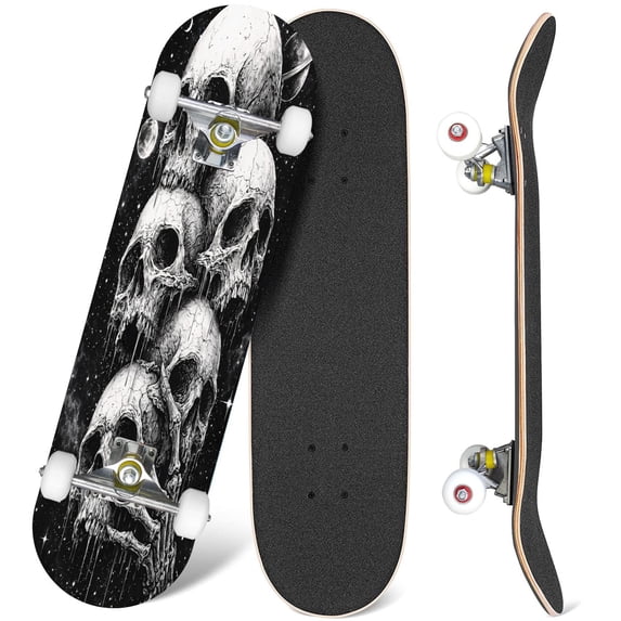 31'' Complete Skateboard 7 Layer Canadian Maple Double Kick Deck Skateboards Halloween Skull Boho Gothic Sun Moon Phases Minimalist Skeleton Skate Board for Beginner Adult Gifts