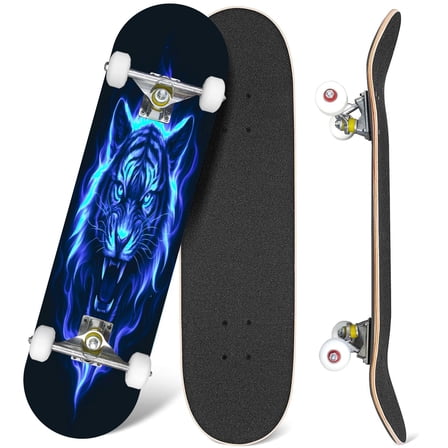 31'' Complete Skateboard 7 Layer Canadian Maple Double Kick Deck Skateboards Head fire tiger blue black Skate Board for Beginner Adult Gifts
