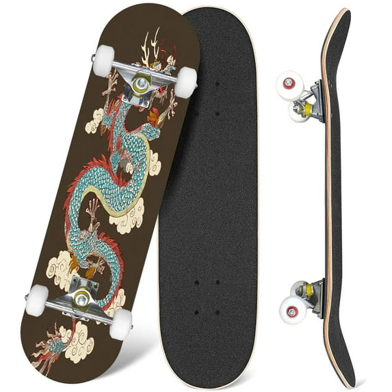 31'' Complete Skateboard 7 Layer Canadian Maple Double Kick Deck Skateboards Japanese old Dragon sticker black Chinese dragon tattoo Traditional Skate Board for Beginner Adult Gifts