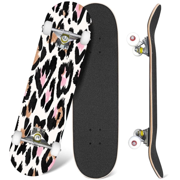 31'' Complete Skateboard 7 Layer Canadian Maple Double Kick Deck Skateboards Leopard heart Skate Board for Beginner Adult Gifts