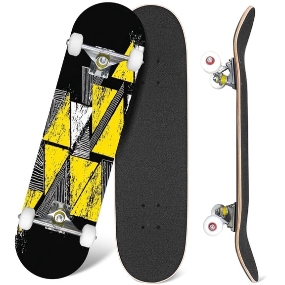 31'' Complete Skateboard 7 Layer Canadian Maple Double Kick Deck Skateboards Monochrome graphic textured hand drawn ink triangles Skate Board for Beginner Adult Gifts