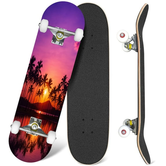 31'' Complete Skateboard 7 Layer Canadian Maple Double Kick Deck Skateboards Palm trees sunset sky Hawaii Skate Board for Beginner Adult Gifts